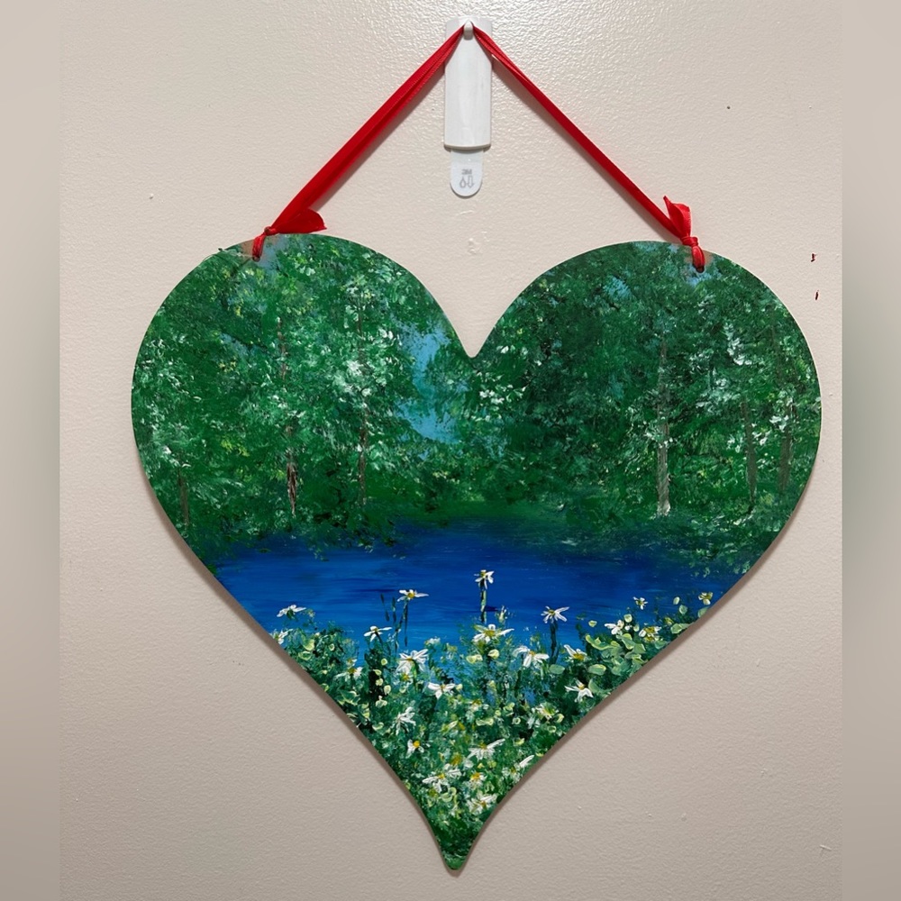 SOLD LARGE HAND PAINTED LANDSCAPE ON A  HEART by me